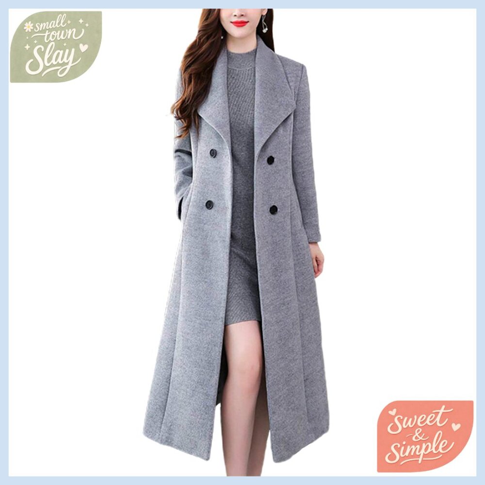 Women's Maxi Long Wool Blend Pea Coat Shawl Collar Double Breasted Winter Trench